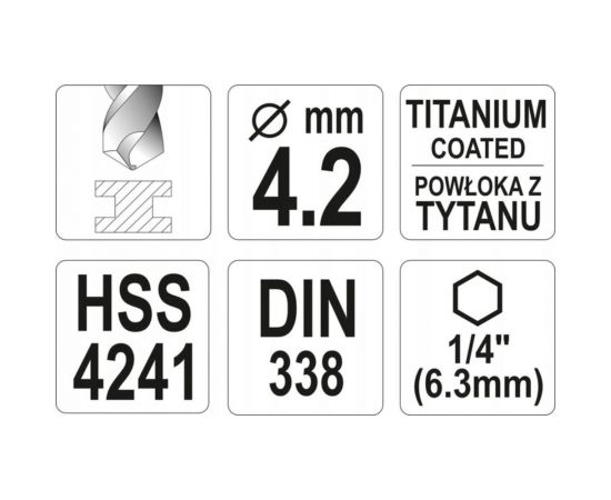 Сверло по металлу HSS-TiN 4.2 мм с хвостовиком HEX1/4 YATO YT-44758 – изображение 4