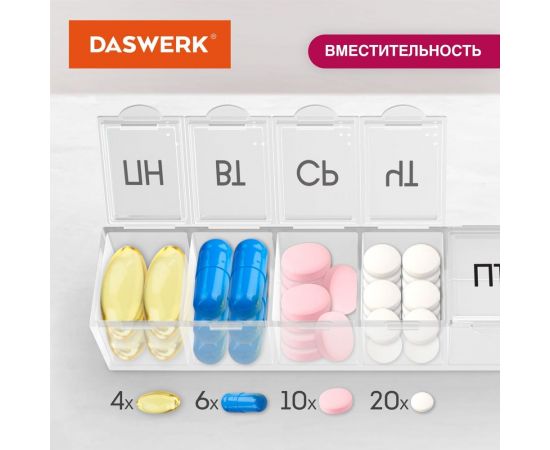 Таблетница-контейнер DASWERK для лекарств и витаминов, 7 дней/1 прием, компактный 630843 – изображение 4