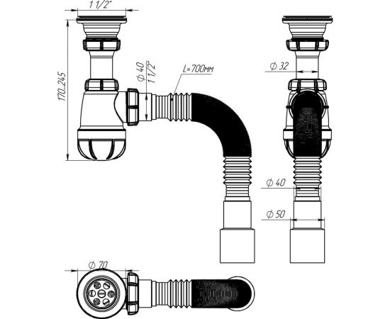 Сифон для умывальника Aquant 1 1/2"х40 с металлической решеткой с гофротрубой 40x40/50 S0115-35-MR – изображение 6