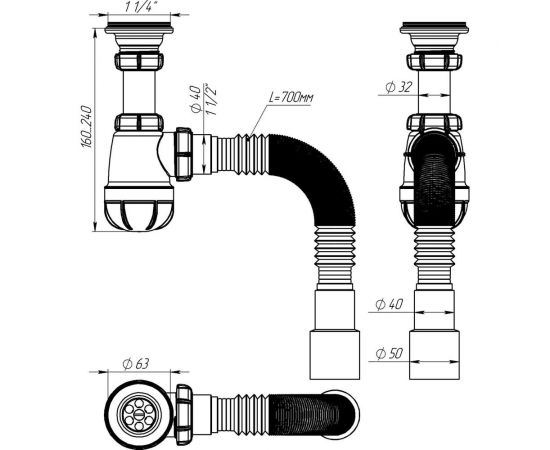 Сифон для умывальника Aquant 1 1/4"х40 с металлической решеткой с гофротрубой 40x40/50 S1015-35-MR – изображение 4