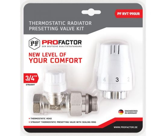 Комплект радиатора PROFACTOR термостатический, прямой, с преднастройкой и уплотнением, 3/4 PF RVT 990UR 