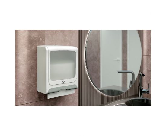 Диспенсер для бумажных полотенец hor t1 бизнес корпус белый, верхнее стекло полупрозрачное матовое, нижние стекла белый abs-пластик, универсальная система сложения (z(c) / v(zz)) HOR-11111411 – изображение 7