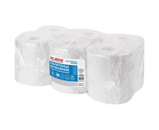 Бумажные полотенца ЛАЙМА M2 UNIVERSAL WHITE с центральной вытяжкой, 300 м, 1 слой, белые, комплект 6 рулонов 112506 