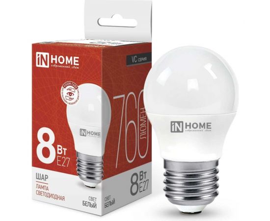 Светодиодная лампа IN HOME LED-ШАР-VC 8Вт 230В Е27 4000К 760Лм 4690612020570 