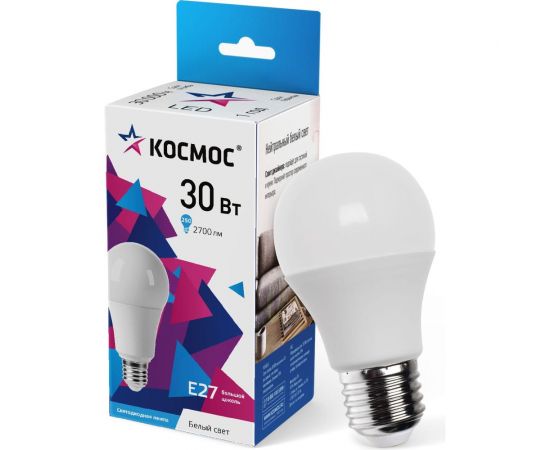 Светодиодная лампа КОСМОС LED 30Вт 220В Е27 D70x136 4500К белый A70, LkecLED30wA70E2745 