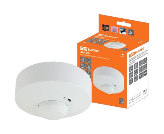 Датчик движения TDM ДДМ-03П 5,8ГГц, 1200Вт, 10-720с, 1-8м, 3+лк, 180 сбоку+360 сверху гр, IP33 SQ0324-0028 