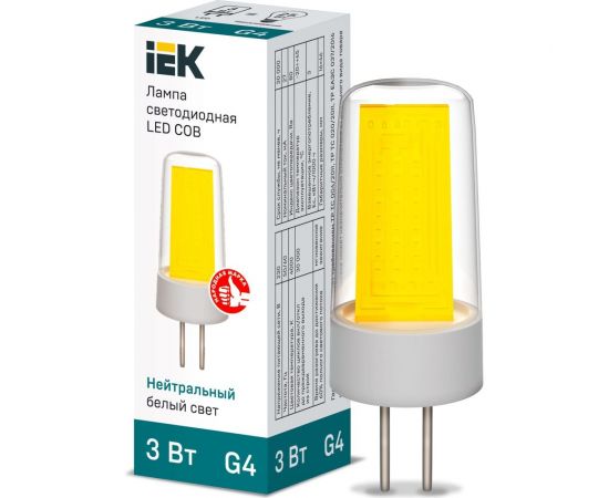 Светодиодная лампа IEK cob капсула 3вт 230в 4000к керамика g4 LLE-COB-3-230-40-G4 
