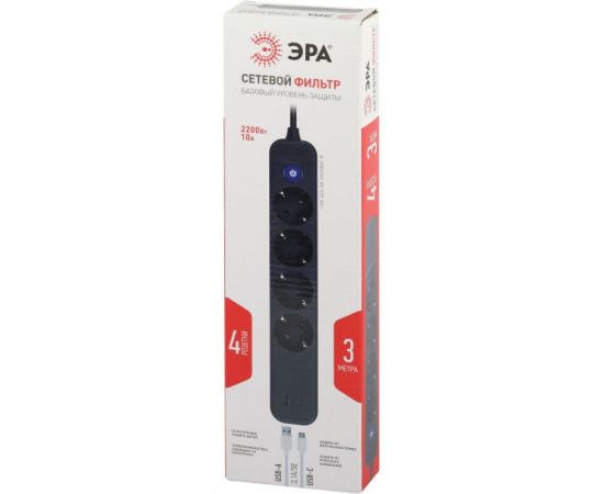 Сетевой фильтр ЭРА USF4es3m2xUSBACB с базовой защитой, с заземлением, с выключателем, 4 розетки 2xUSB AC Б0059574 – изображение 2