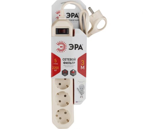 Сетевой фильтр ЭРА USF-5es-3m-I с заземлением 3x0,75мм2, с выкл, 5гн, 3м Б0019035 – изображение 2