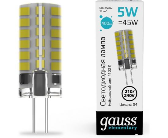 Лампа Gauss elementary g4 ac210-240v 5w 400lm 4100k силикон led 1/20/200 18025 – изображение 3