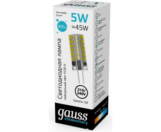 Лампа Gauss elementary g4 ac210-240v 5w 400lm 4100k силикон led 1/20/200 18025 – изображение 6