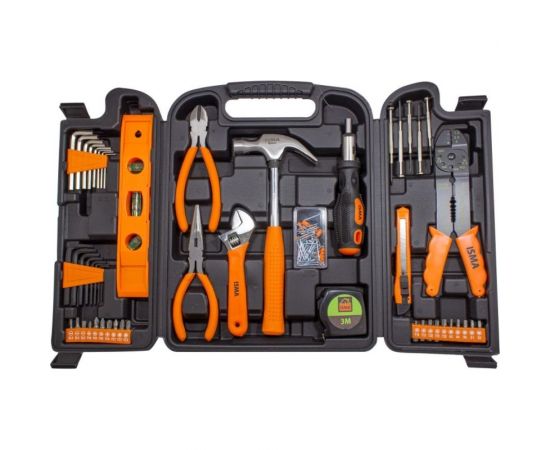 Набор инструментов ISMA шарнирно-губцевый, биты, отвертки, молоток, нож канцелярский, в кейсе, 129 предметов 10129(50555) 