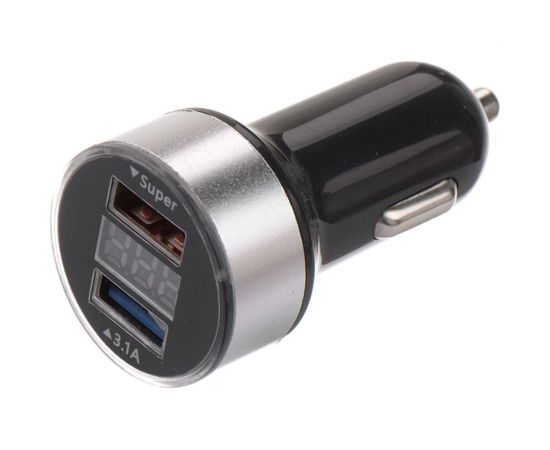 Автозарядка в прикуриватель REXANT 2хusb, с дисплеем, азу, 1000+2100 мА, серебристая 18-1947 