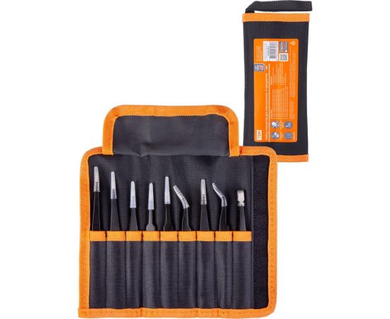 Набор пинцетов для электроники TDM 9 предметов, нержавеющие, антистатика, тканевый чехол, Рубин SQ1025-0810 