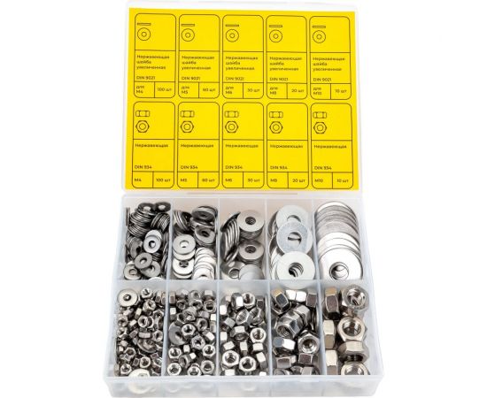 Набор увеличенных шайб и гаек из нержавеющей стали KREPFIELD М4, М5, М6, М8, М10, 440 предметов в кейсе Набор09метрика440 
