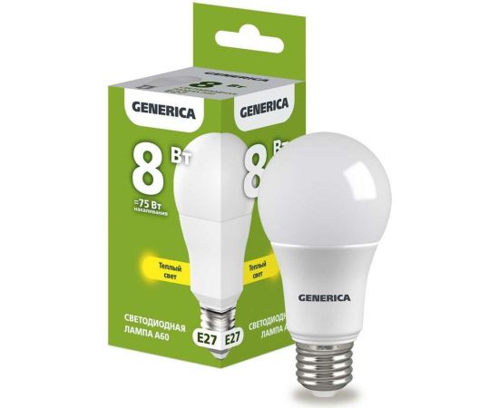 Светодиодная лампа GENERICA A60 груша 8Вт 230В 3000К E27 LL-A60-08-230-30-E27-G 
