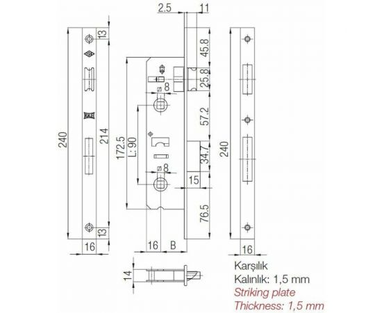 Врезной межкомнатный замок для аллюминиевых дверей KALE KILIT 269, WC, 90BS30, 23CP, SP, STB 26930000001 – изображение 2