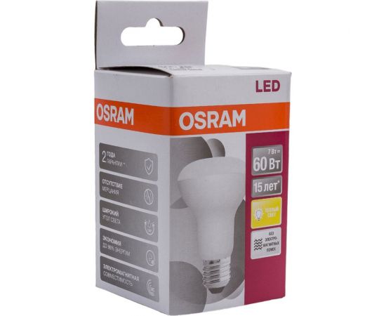Светодиодная лампа OSRAM LED STAR, R63, 7Вт, E27, 600 Лм, 3000 К, теплый белый свет 4058075282629 – изображение 2