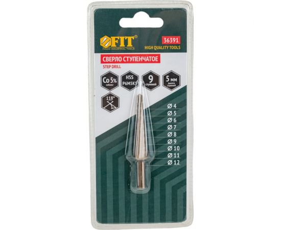 Сверло ступенчатое по металлу HSS Co (4-12 мм; 9 ступеней) FIT 36391 