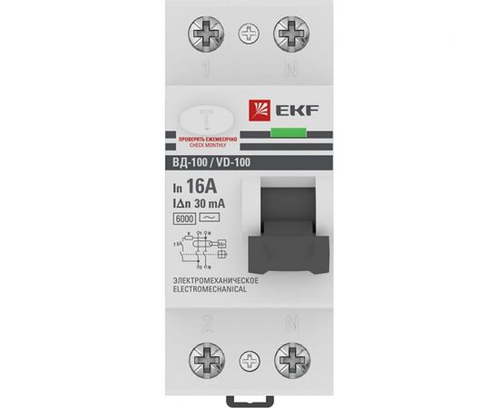 Устройство защитного отключения EKF ВД-100, 2P, 16А, 30мА, тип АС, электромеханическое, 6кА, PROxima elcb-2-6-16-30-em-pro – изображение 2