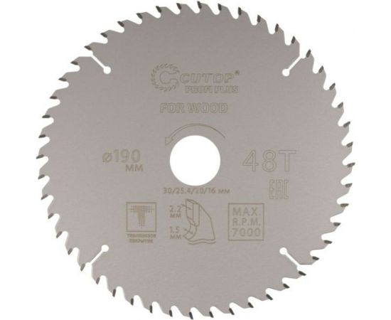 Диск пильный с тефлоновым покрытием по дереву Profi plus 190x1.5/2.2x30/25.4/20/16 мм, 48Т CUTOP 75-19048Т 