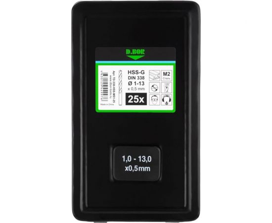 Набор сверл по металлу HSS-G 25 шт, 1-13 мм x 0.5 мм, DIN 338, шлифованные D.BOR D-TD-338-HSS-MS1-25 – изображение 2