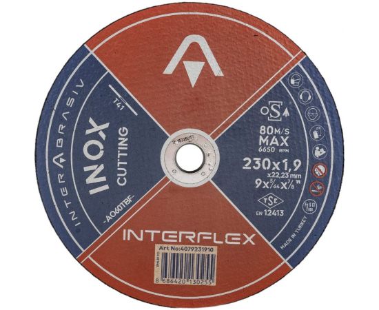 Круг отрезной круг INOX A060TBF 230x1.9x22 мм, Т41, нержавеющая сталь, металл Interflex 4079231910 