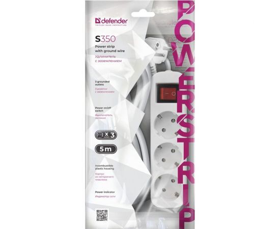 Удлинитель с заземлением Defender S350 Выключатель, 5.0 м, 3 розетки 99235 – изображение 9