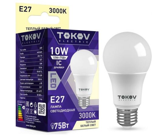 Светодиодная лампа TOKOV ELECTRIC 10Вт А60 3000К Е27 176-264В TKE-A60-E27-10-3K 