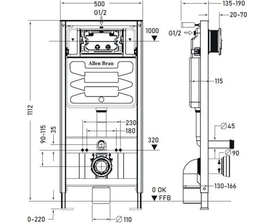 Инсталляция для подвесного унитаза ALLEN BRAU PNEUMATIC патрубки, без кнопки, 1112x115x500 мм 00306274 – изображение 2