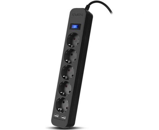 Фильтр SVEN SF-05LU 1,8 м (5 евро розеток,2*USB(2.4А)) черный, цветная коробка SV-018832 