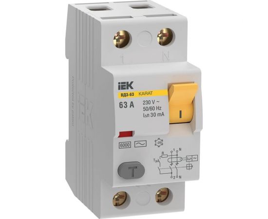 Узо IEK karat вд3-63 2p 63а 30ма 6ка тип ac MDV20-2-063-030 