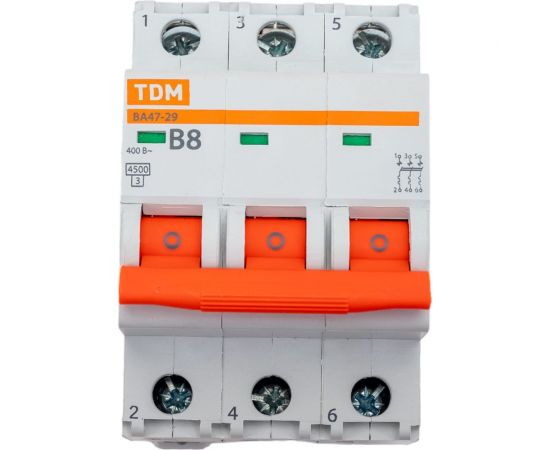 Автоматический выключатель ВА47-29 (3Р; 8 А; 4.5 кА; В) TDM SQ0206-0039 – изображение 2