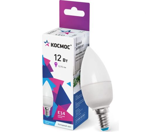 Светодиодная лампа КОСМОС LED 12Вт Свеча 220В E14 6500К LkecLED12wCNE1465 