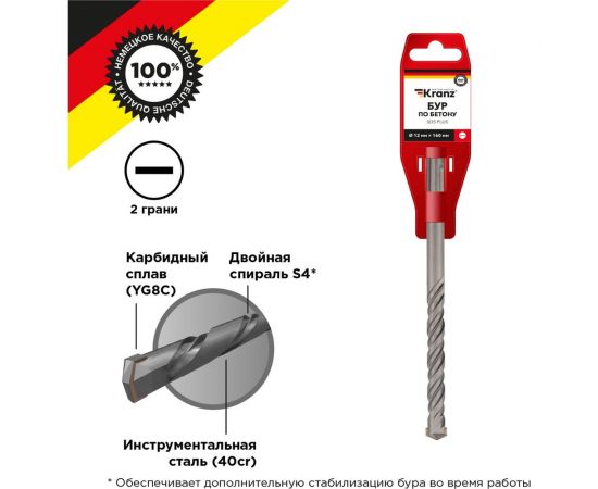 Бур по бетону 12x160x100 мм, SDS-plus KRANZ KR-91-0014 – изображение 2