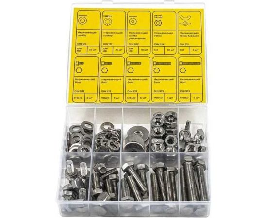 Набор болтов, шайб и гаек из нержавеющей стали KREPFIELD М8, 136 предметов в кейсе Набор08метрика136 