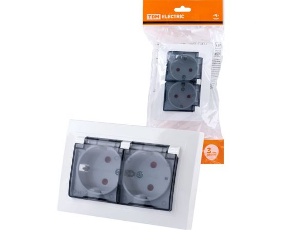 Двойная розетка TDM 2П+З с защитными шторками и прозрачной крышкой 16А 250В IP44 белая Таймыр SQ1814-0077 
