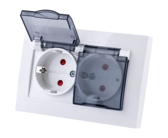 Двойная розетка TDM 2П+З с защитными шторками и прозрачной крышкой 16А 250В IP44 белая Таймыр SQ1814-0077 – изображение 3