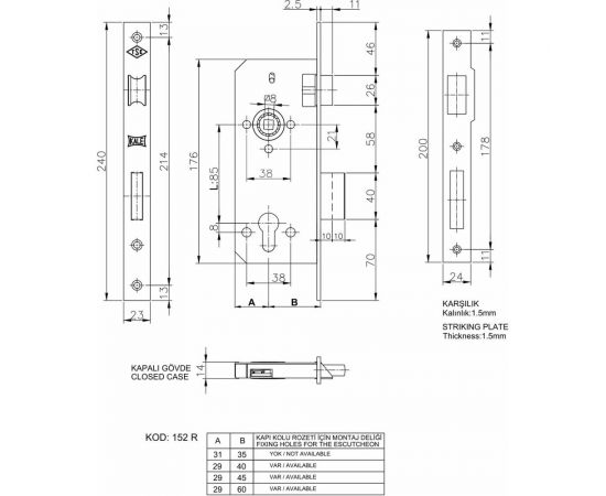 Врезной цилиндровый замок для деревянных дверей KALE KILIT 152R, 85BS60, 23NP, w/o SP, w/o Ros, STB 152R6000078 – изображение 5