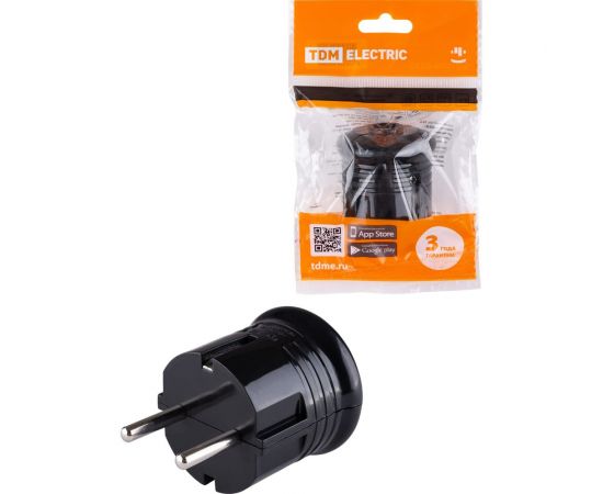 Вилка с заземлением TDM круглая, черная, 10А, 250В SQ1806-0200 