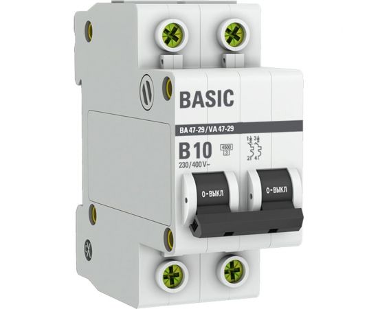 Автоматический выключатель EKF Basic ВА 47-29 2P, 10А, 4,5кА, SQ mcb4729-2-10-B 