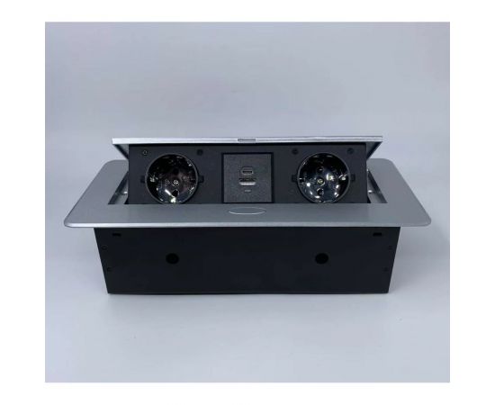 Выдвижной встраиваемый блок розеток Inrior выдвижная розетка, на 2 EURO розетки и 2 USB-A+C, серый, TORO-33-80 