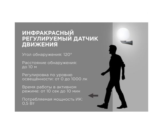 Уличный светильник-шар с датчиком движения Apeyron 250мм, настенный крепеж, молочный НБУ21-60-251 – изображение 3
