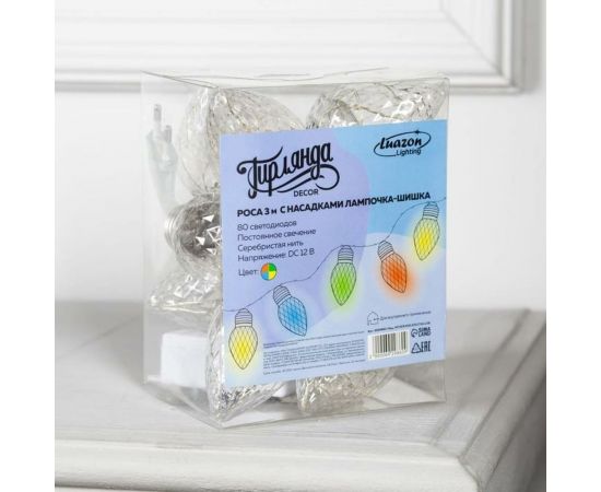 Гирлянда-нить Luazon ROSA, 3 м, лампочки-шишки, 8 см, IP20, серебристая нить, LED-80-12V, 8 режимов, мульти 6929860 – изображение 6