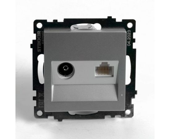 Розетка телевизионная + компьютерная RJ-45 STEKKER (механизм), gls00-7106-03, 75 ом, 5-862мгц, серия катрин, серебро, 49183 