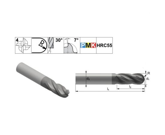 Фреза сферическая (радиусная) твердосплавная по металлу 10х22х72 мм, хв-к 10 мм, Z4 CNCINS PMK13.z4.10.22.72.30.D10 TiAlN – изображение 3