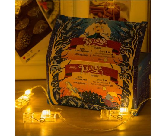 Гирлянда-нить Luazon DCR, 5 м, с насадками Прищепки, IP20, Н.С. LED-30-220V, 8 режимов, ТЕПЛО-БЕЛЫЙ 2433911 – изображение 4