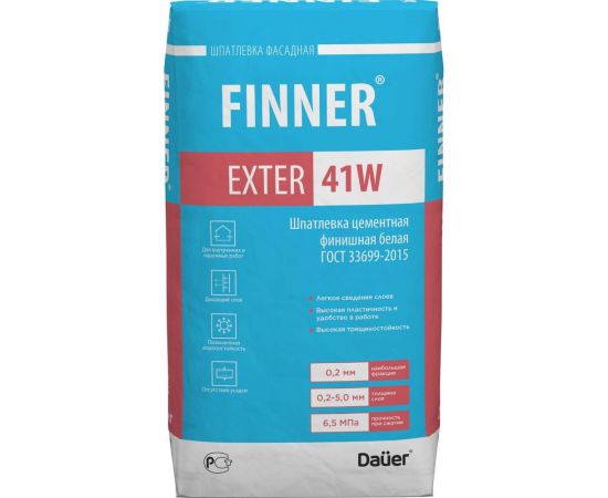 Цементная финишная шпатлевка Dauer finner exter 41w белая, 20 кг 31652 