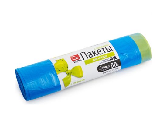 Пакеты для мусора с завязками 50 л, 15 шт в рулоне GRIFON 101-063 