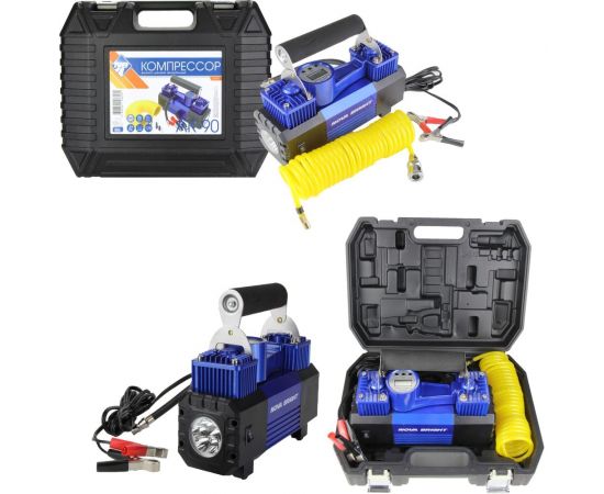 Компрессор Nova Bright АК-90 двухпоршневой, до 90 л/мин., 150 PSI, 12В, металл.корпус, пластик.кейс, цифровой манометр, LED-фонарь 36450 